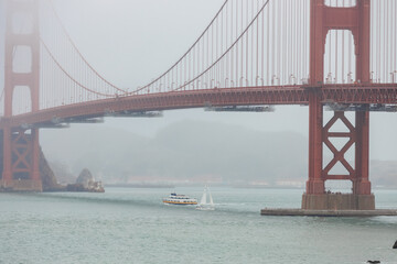 Close up view of the Golden Gate bridge on a foggy day,California