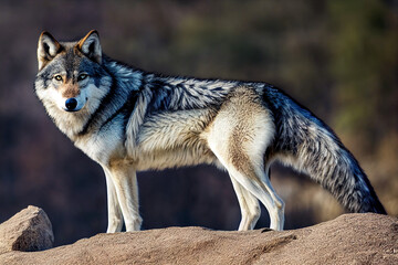 a large wolf is standing on a rock - obrazy, fototapety, plakaty