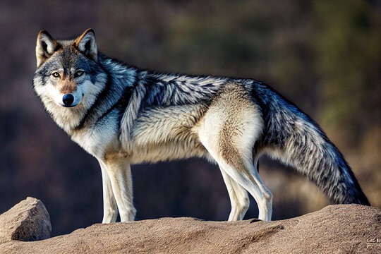 a large wolf is standing on a rock
