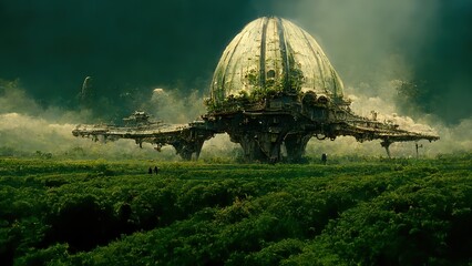 Spaceship on alien planet fill with green foliage, science fiction scene, illustrative, painting 