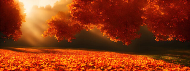 Herbsternte-Waldlandschaft mit Orangenblattbäumen auf Wiesenfeld am Herbstsaisonhintergrund 3D 8K