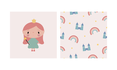 Vector print with cute Princess and magic seamless pattern. Cartoon style. For greeting card, posters, banners, printing on the pack, printing on clothes, fabric, wallpaper.