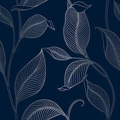 Fototapeta na wymiar Luxury seamless pattern with striped leaves. Elegant floral background in minimalistic linear style. Trendy line art design element. Vector illustration.
