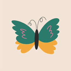 Butterfly with green and yellow wings. Vector illustration, flat design, cartoon hand drawn.