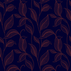 Luxury seamless pattern with striped leaves. Elegant floral background in minimalistic linear style. Trendy line art design element. Vector illustration.