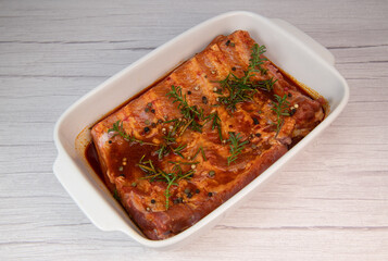RECIPE FOR SPARE RIBS WITH BBQ, MARINATED IN SWEET SMOKED PAPRIKA, ESPELETTE PEPPER, HONEY, OLIVE OIL, ROSEMARY AND THYME, High quality photo