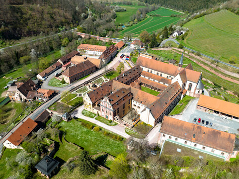 Aerial view of Bronnbach Monastery with castle gardens and church, Wertheim, Baden-W&uuml;rttemberg, Germany,