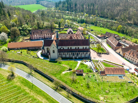Aerial view of Bronnbach Monastery with castle gardens and church, Wertheim, Baden-W&uuml;rttemberg, Germany,