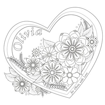 Black and white flower decoration with name Olivia, heart frame. Coloring book page. Vector illustration.