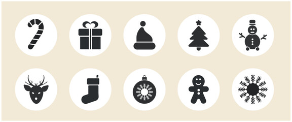 Collection of Christmas icons on white background.