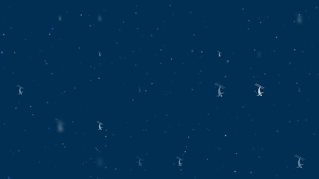 Template animation of evenly spaced freestyle skiing symbols of different sizes and opacity. Animation of transparency and size. Seamless looped 4k animation on dark blue background with stars