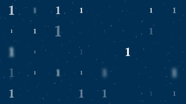 Template animation of evenly spaced number one symbols of different sizes and opacity. Animation of transparency and size. Seamless looped 4k animation on dark blue background with stars