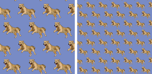Seamless Golden Retriever dog pattern, holiday texture. Packaging, textile, decoration, wrapping paper. Trendy hand-drawn funny breed wallpaper. Fun seamless running Retriever square pattern.