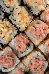Japanese national dish of sushi, rolls with red fish and salmon chips