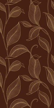 Luxury seamless pattern with striped leaves. Elegant floral background in minimalistic linear style. Trendy line art design element. Vector illustration. © Oleksandra