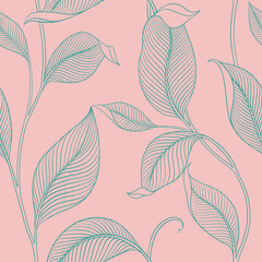 Luxury seamless pattern with striped leaves. Elegant floral background in minimalistic linear style. Trendy line art design element. Vector illustration.