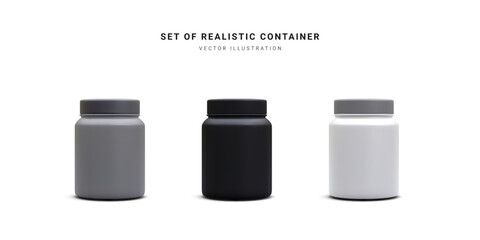 Set of 3d realistic jars nutrition for bodybuilders. Whey protein. Sports nutrition containers. Protein powder for fitness. Vector illustration.gainer