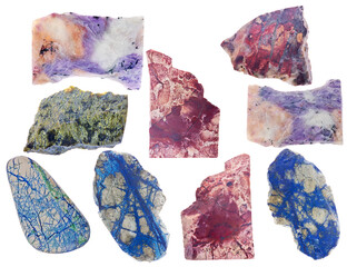 nine isolated minerals isolated on white