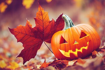 Naklejka na ściany i meble Halloween pumpkin with autumn leaves