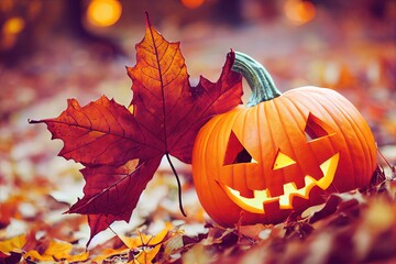 Halloween pumpkin with autumn leaves