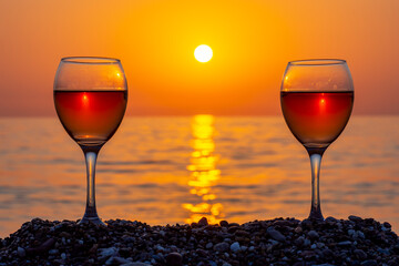 Two glasses of wine on a beach at sunset