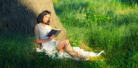 Young beautiful elegant woman reading book on the sunny summer meadow - 543901136