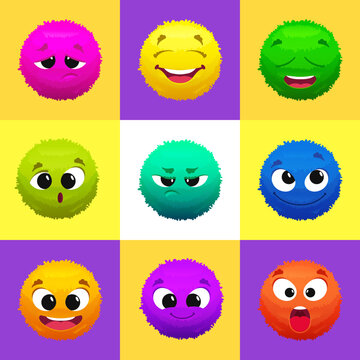 Fluffy emoticons. funny cartoon faces on colored emoticons. Vector cartoon template