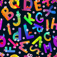 Funny alphabet pattern. scary letters and characters on different symbols. vector seamless background