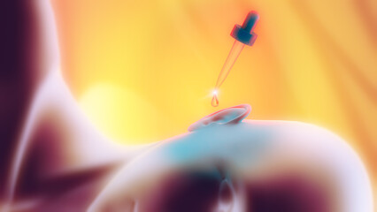 Dispenser and drop. Ear seen from the side. Ear cleansing medicines. Drops to uncork the ears. 3d rendering