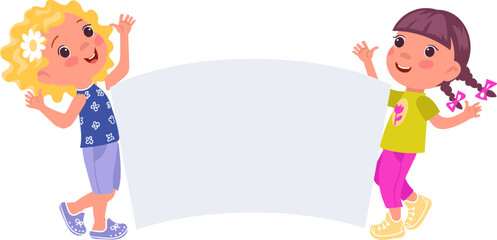 Happy girls with white banner. Blank space children marketing