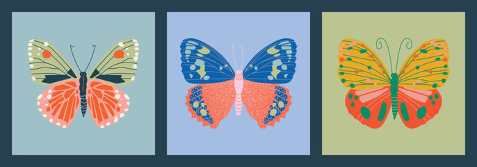Hand drawn beautiful Butterflies. Colorful Vector illustrations. Top view. Pastel colors. Set of three Pre made cards. Every illustration is isolated