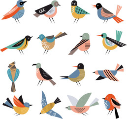 Geometrical birds. Abstract stylized shapes of freedom flying bird in various action poses recent vector illustrations