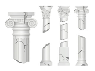 Broken pillars. Authentic columns classical damaged realistic decor pillars decent vector templates set