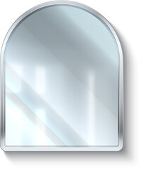 Realistic mirror. 3D reflective glass surface in silver frame. Geometric arch shape. Hanging on wall interior element. Bathroom or bedroom furniture. Vector apartment furnishing object