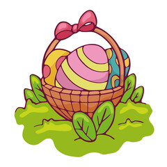 Cartoon the basket with eggs and ribbon bow on grass. Template easter holiday vector illustration.