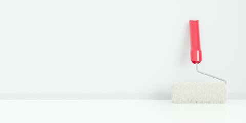 White paint roller leaning against wall in empty white room background, home improvement, renovation or construction work concept, copy space