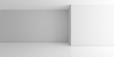 Empty white interior room with indirect light from right and cornered back walll, modern architecture template background