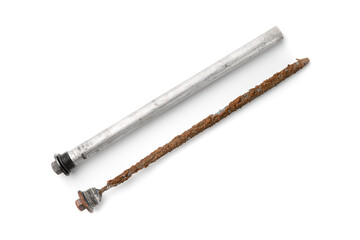 Old and new magnesium anode of a water heater or boiler on a white isolated background.