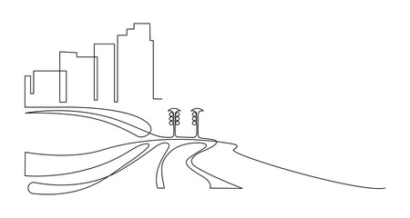 Megapolis with skyscrapers Urban space against the backdrop of autobahns. Continuous line drawing illustration. © iuliiawhite