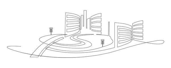 Megapolis with skyscrapers Urban space against the backdrop of autobahns. Continuous line drawing illustration.