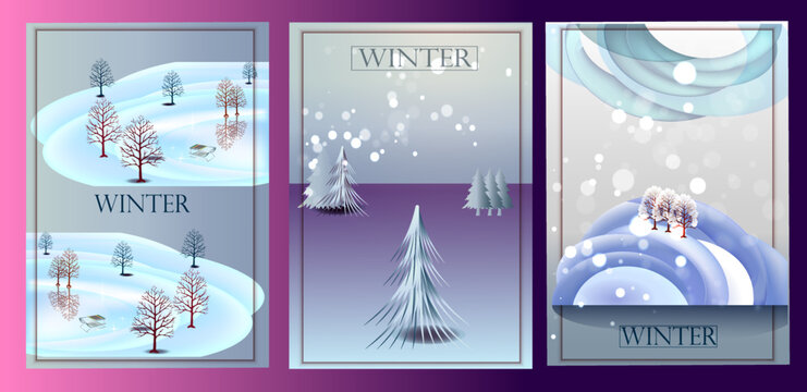 Set of backgrounds with winter landscapes and snow.