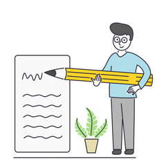 Vector illustration of a man with a pencil and a leaflet.