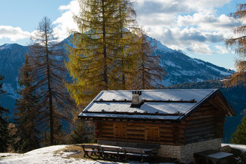 sunset in the dolomites covered by snow