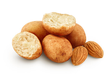 Marzipan balls or potatoes with almond isolated on white background full depth of field