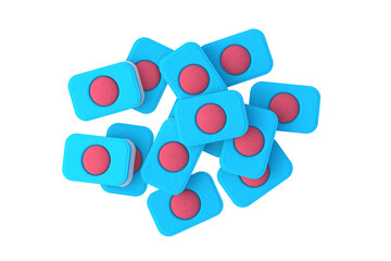 Heap of dishwasher detergent tablets isolated on white background. Water softener. Top view. 3d render