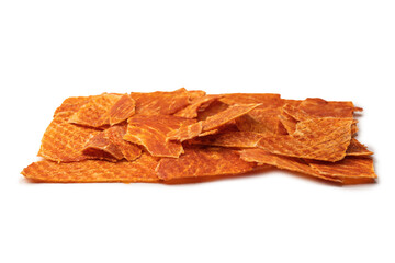 Group of tasty beer snacks. Dehydrated chicken meat slices.