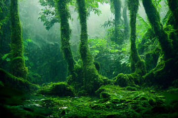 Green forest in the morning with Fog