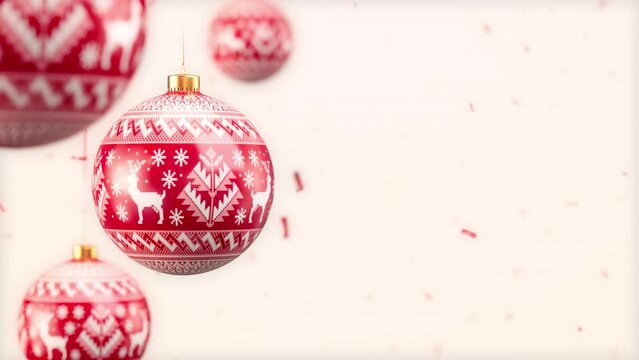 New Year red baubles with deer ornament rotate with falling glitter, Christmas decoration. Realistic 3d render balls loopable animation on white background