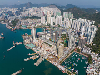 Fototapeta na wymiar Aerial view of Hong Kong concrete factory and the residential district