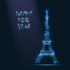 Fototapeta na wymiar Happy new year. Abstract vector Illustration wireframe telecommunications signal transmitter, france radio antenna eiffel tower from lines and triangles, point connecting network on dark background